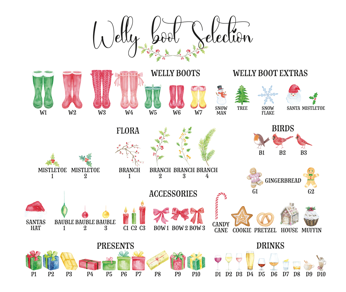 Welly boot selection chart showing different boot styles, festive accessories, gifts, flora, and drinks for custom family prints.
