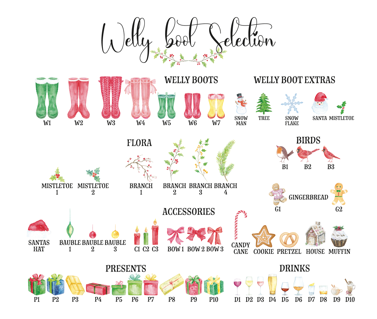Welly boot selection chart showing different boot styles, festive accessories, gifts, flora, and drinks for custom family prints.
