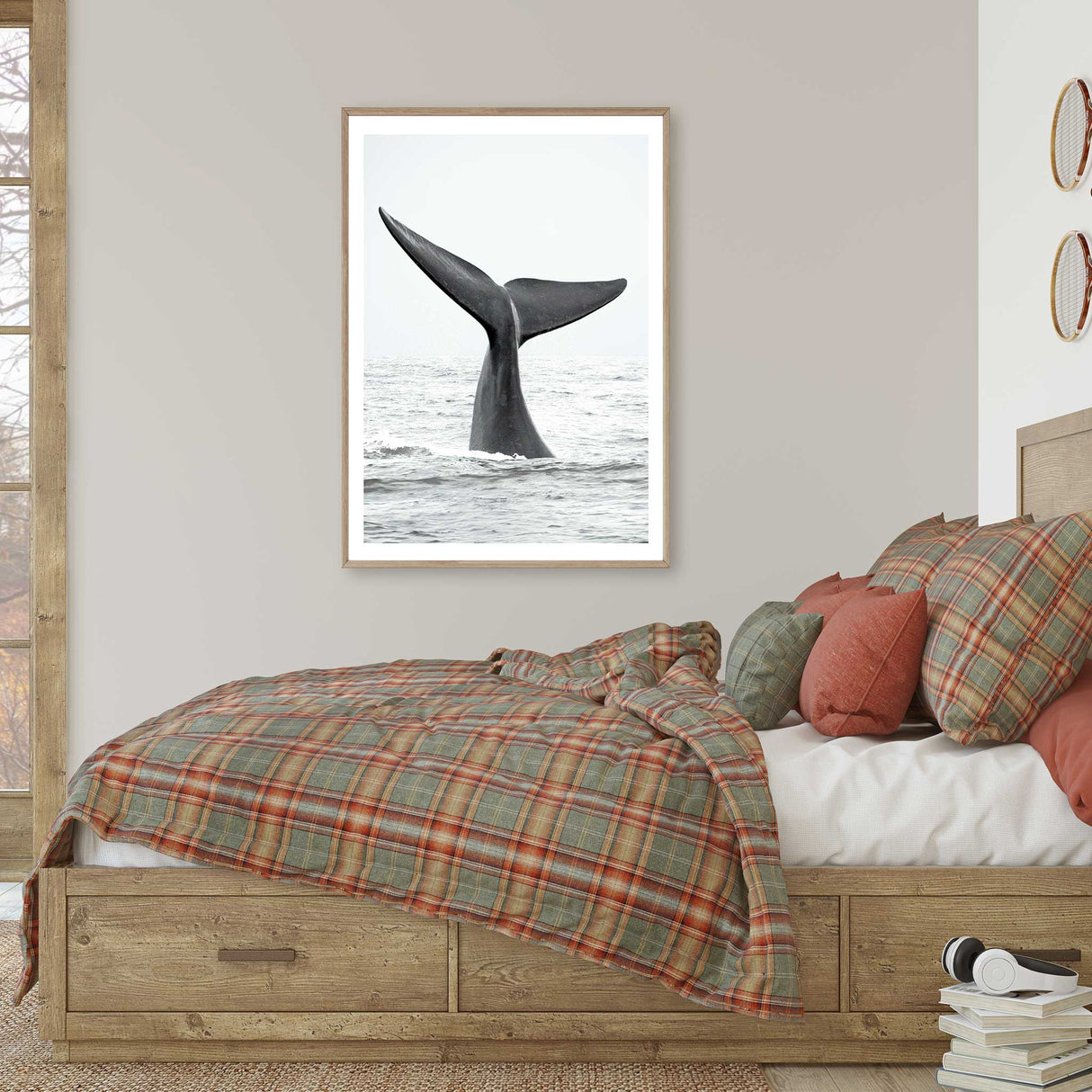 whale tail print styled in modern teen bedroom with neutral tones