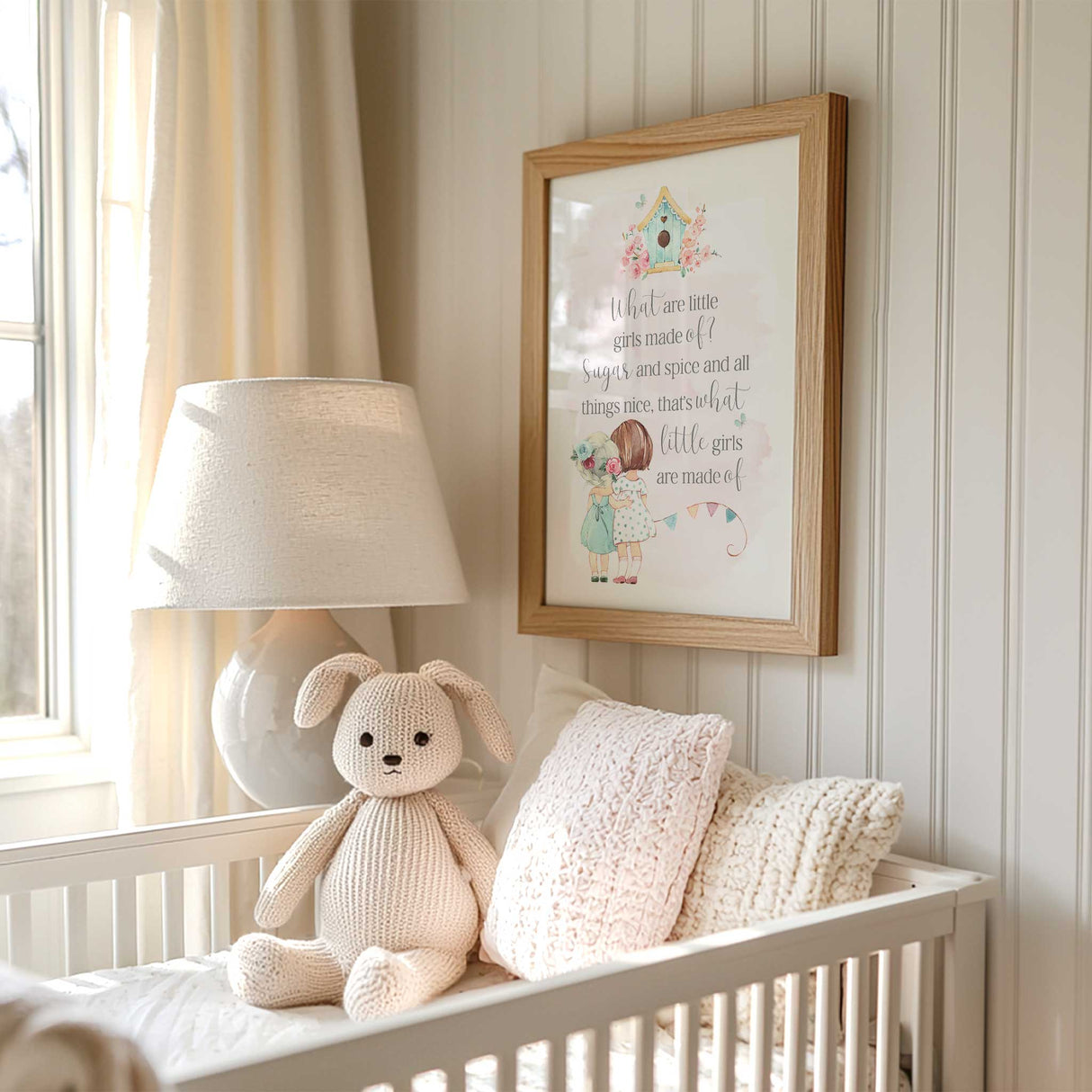 What are little girls made of poem wall art print in soft pink tones, perfect for girls nursery or bedroom decor with a sweet classic quote.