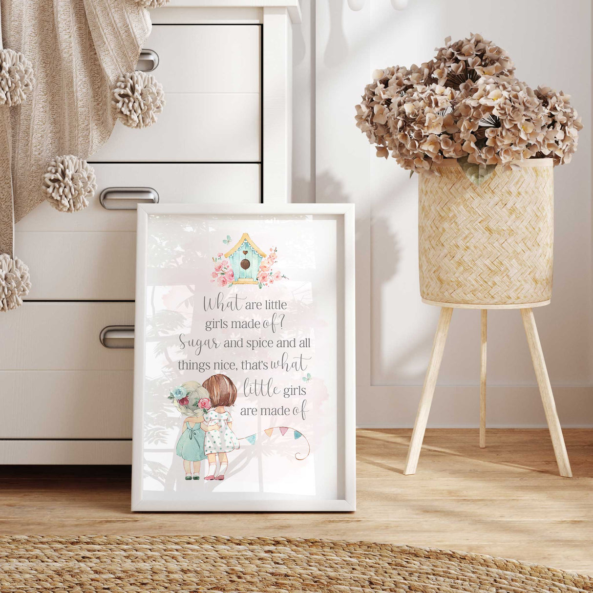 What are little girls made of, sugar and spice and all things nice poem print for girls nursery or bedroom, pastel wall art with sweet quote in soft typography.