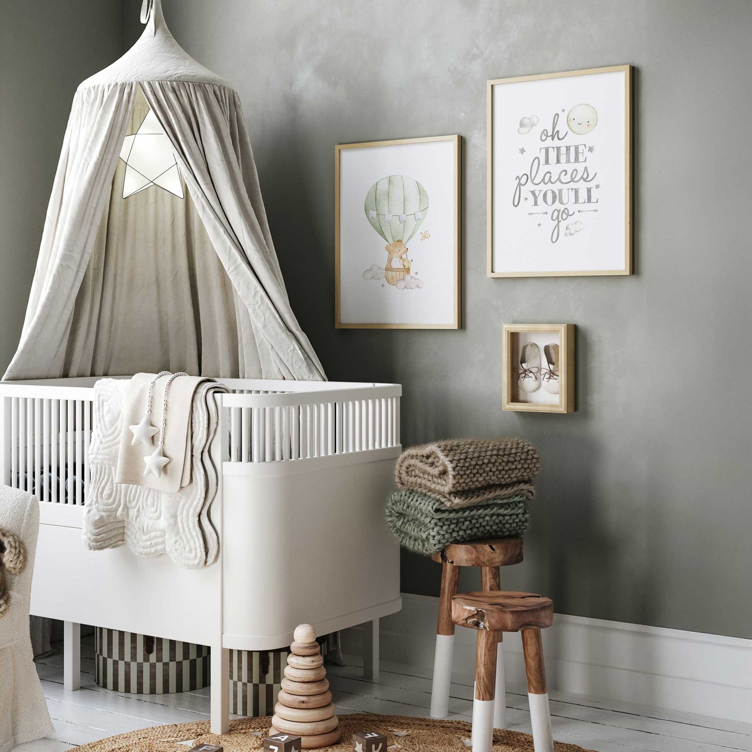 Whimsical bear nursery art with hot air balloon and clouds in soft watercolor style