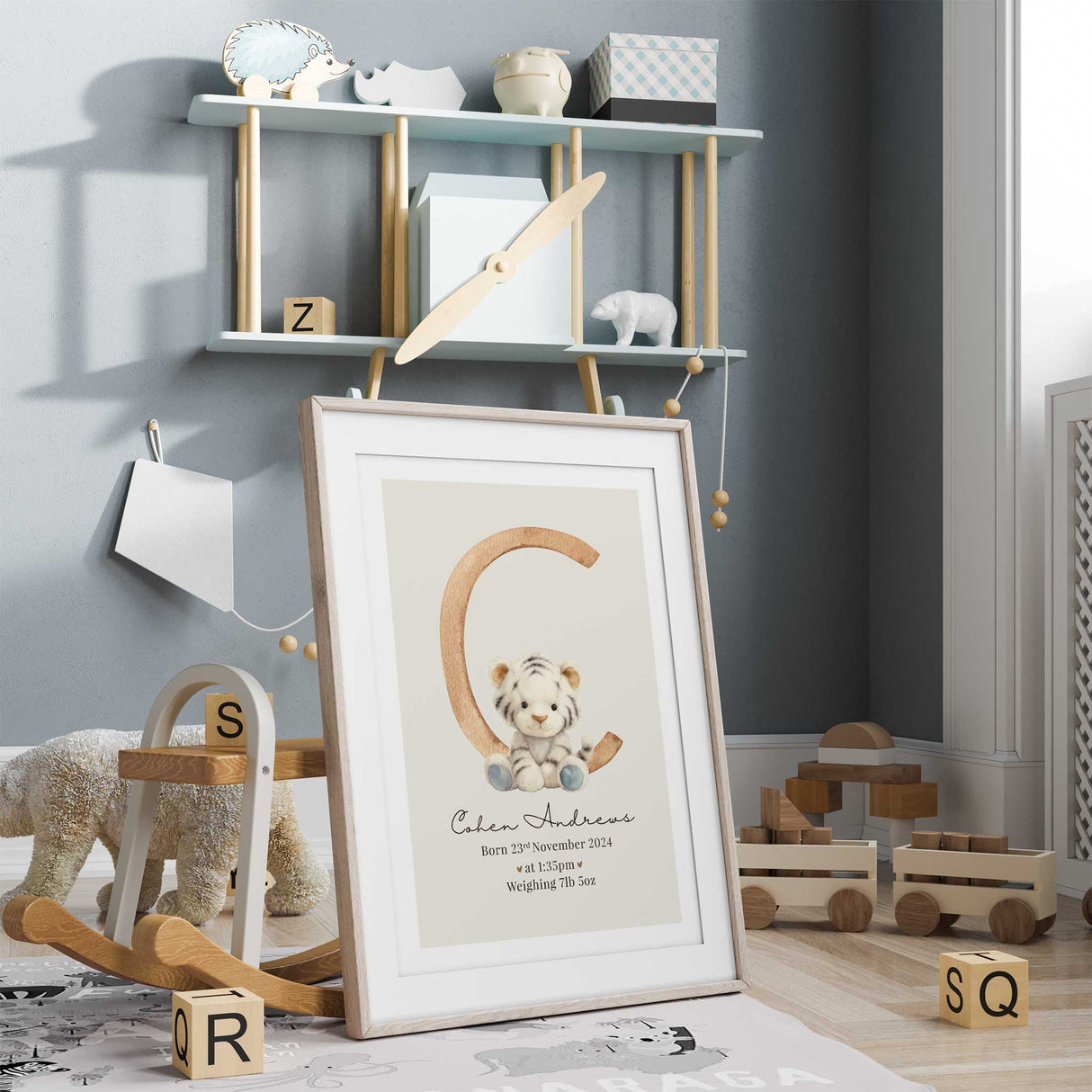 White tiger custom baby animal wall art with personalised name and safari theme