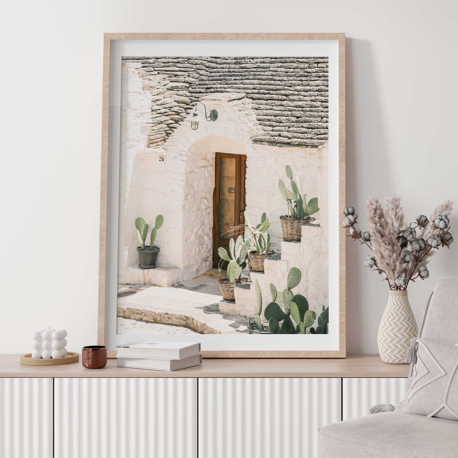 Mediterranean art print of whitewashed home and stairs with cactus