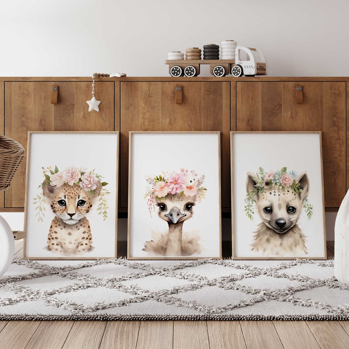 Wild animal nursery print set with soft floral and pastel accents