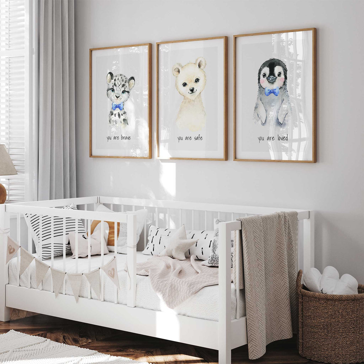 Winter themed nursery prints with gentle baby animal artwork