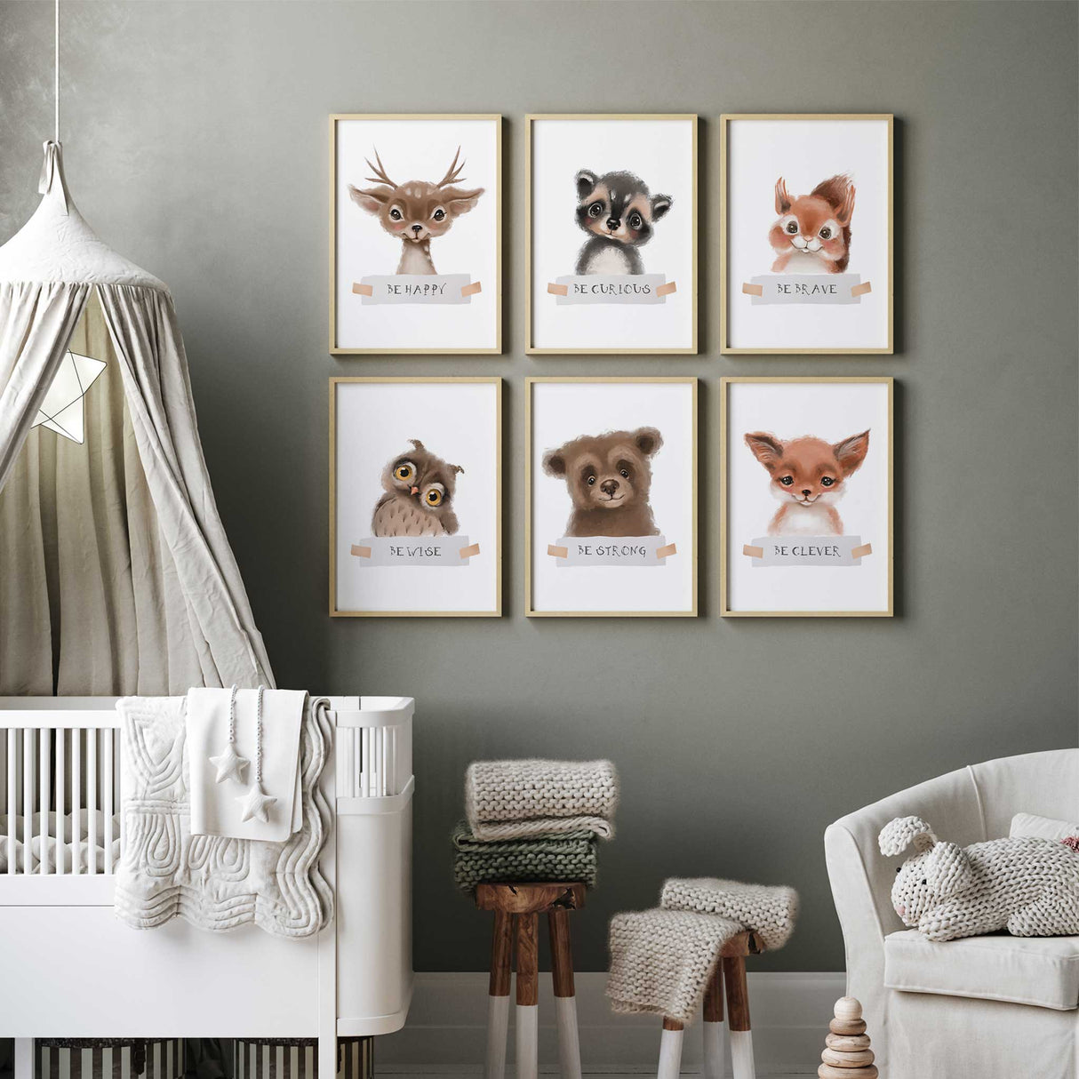 Forest animal wall prints with uplifting words, perfect for a calming nursery theme