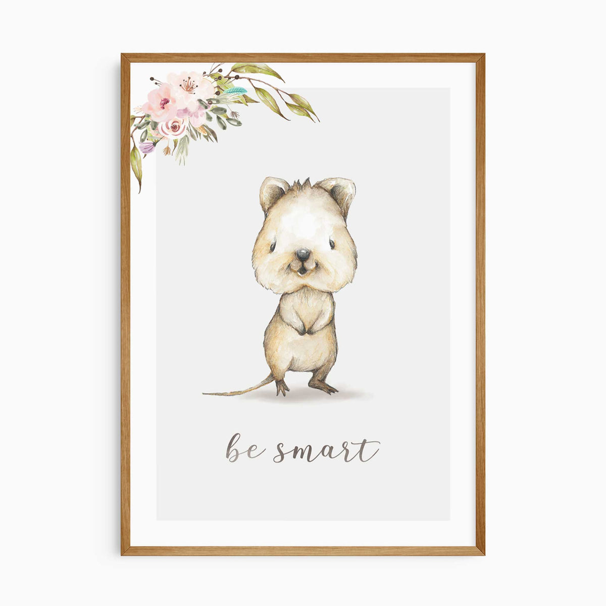 Watercolour wombat artwork with be smart lettering, pink flowers and green leaves above a pale grey background.