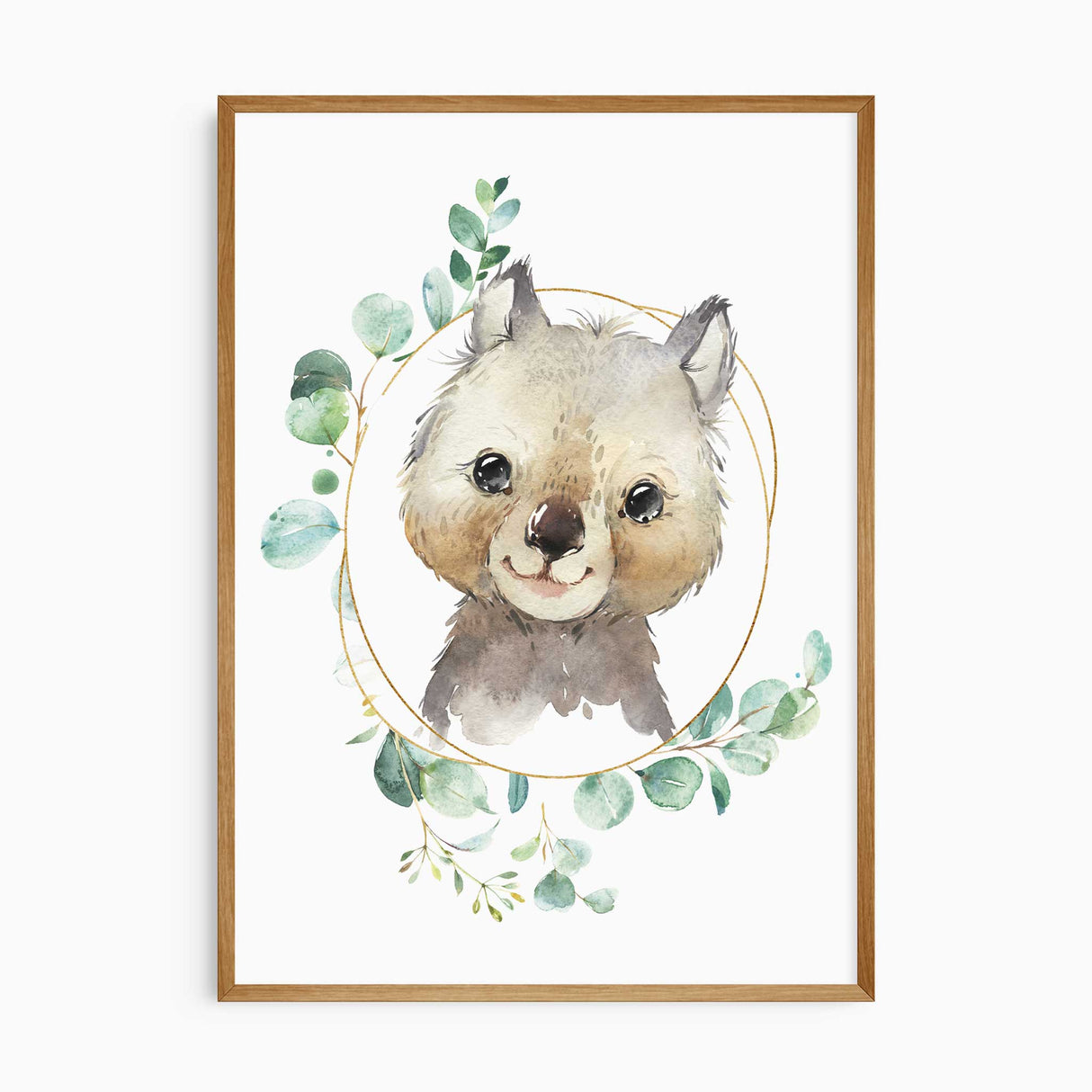 Wombat nursery wall art print with eucalyptus leaves in watercolour style for kids room décor
