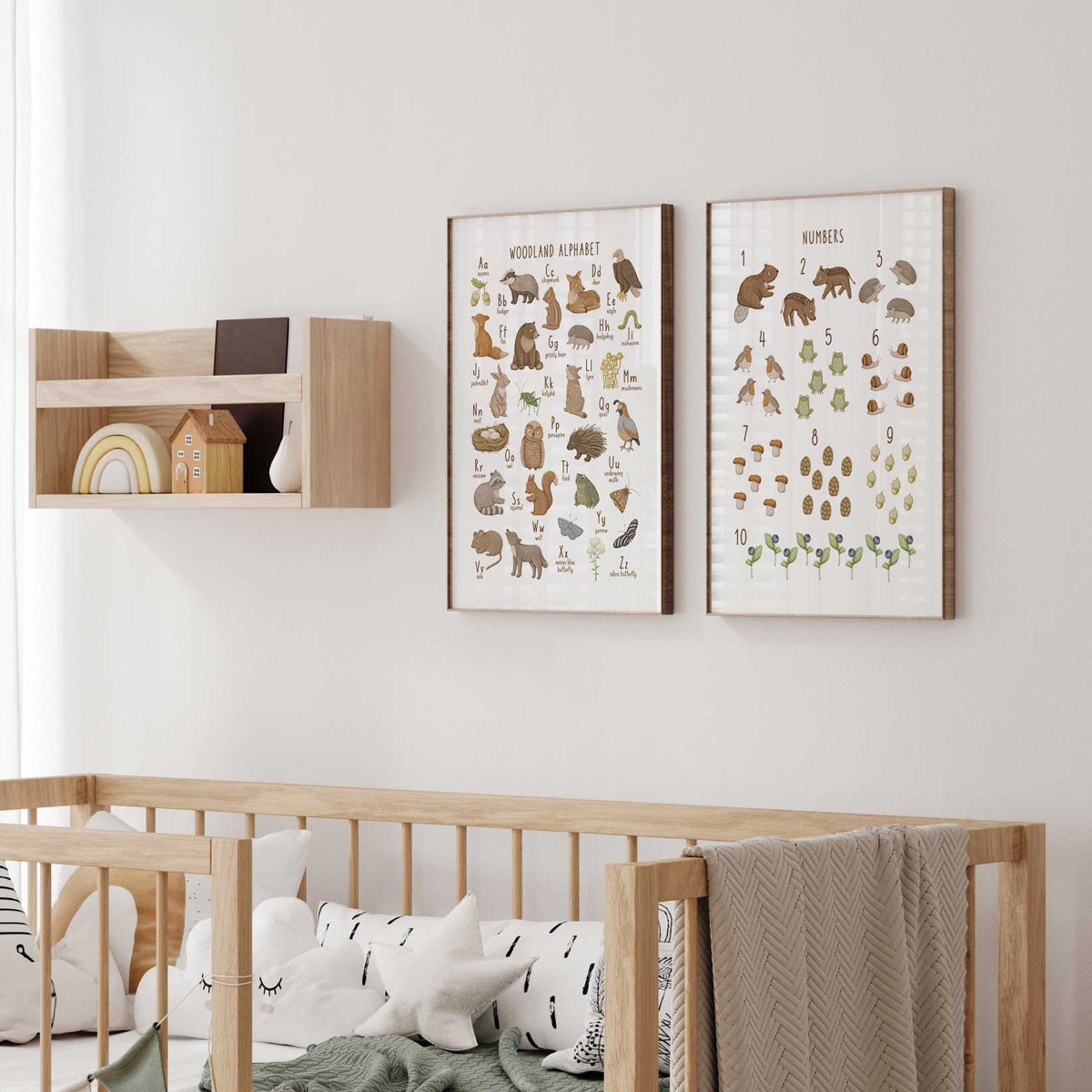 Woodland alphabet and numbers print set with forest animals, nature illustrations, letters A to Z and counting 1 to 10