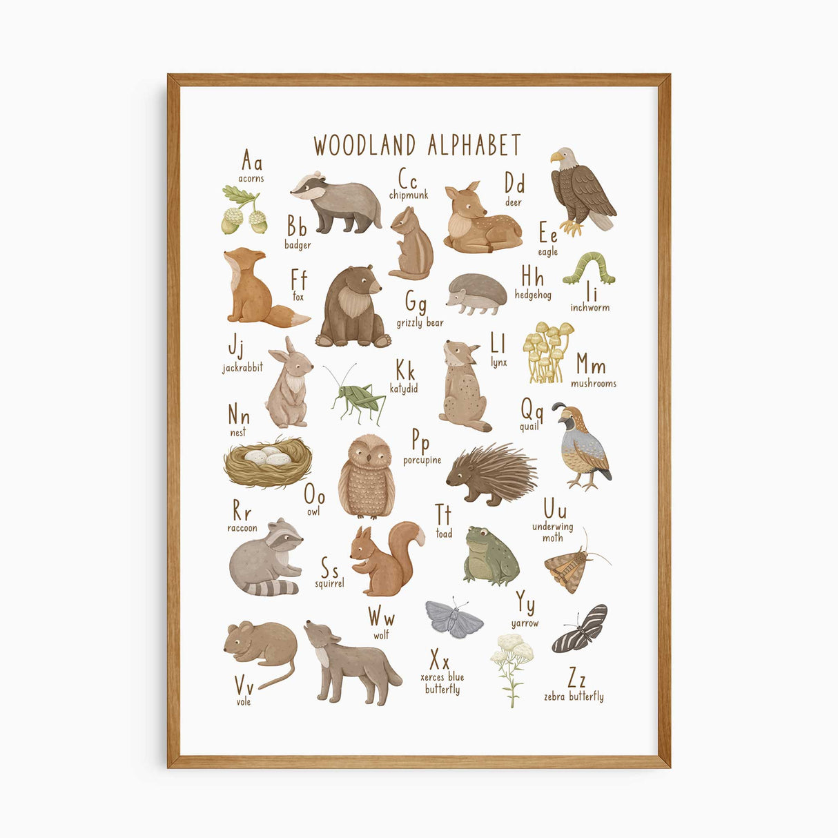 Woodland alphabet wall art print with animals and nature for kids’ nursery