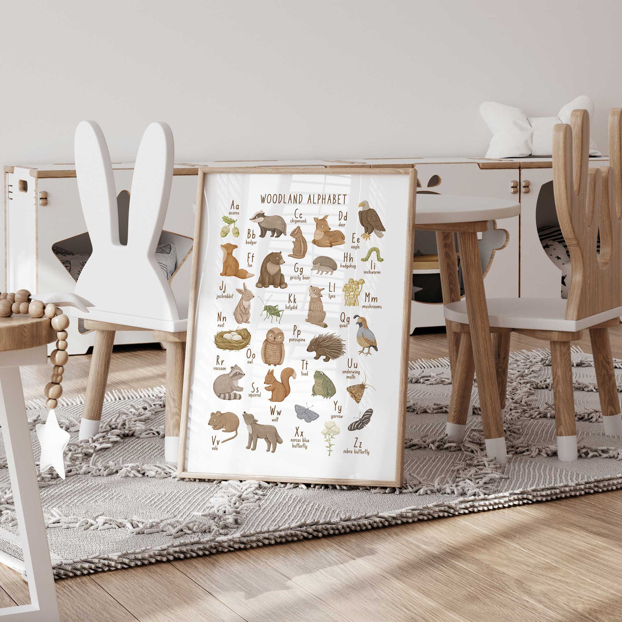 Educational woodland alphabet poster for children’s room wall décor