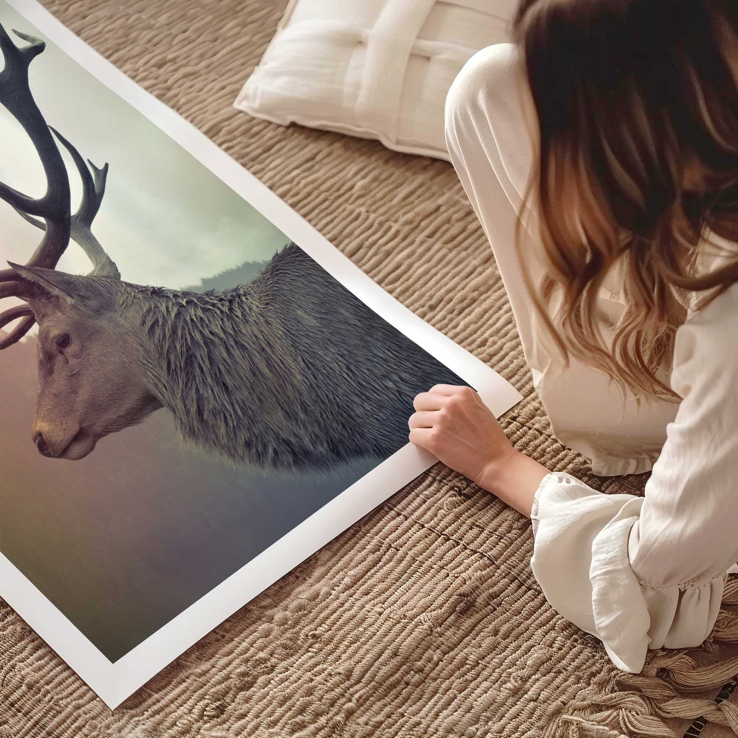 Deer wall art with soft misty background and subtle white border for a refined, framed-look effect.