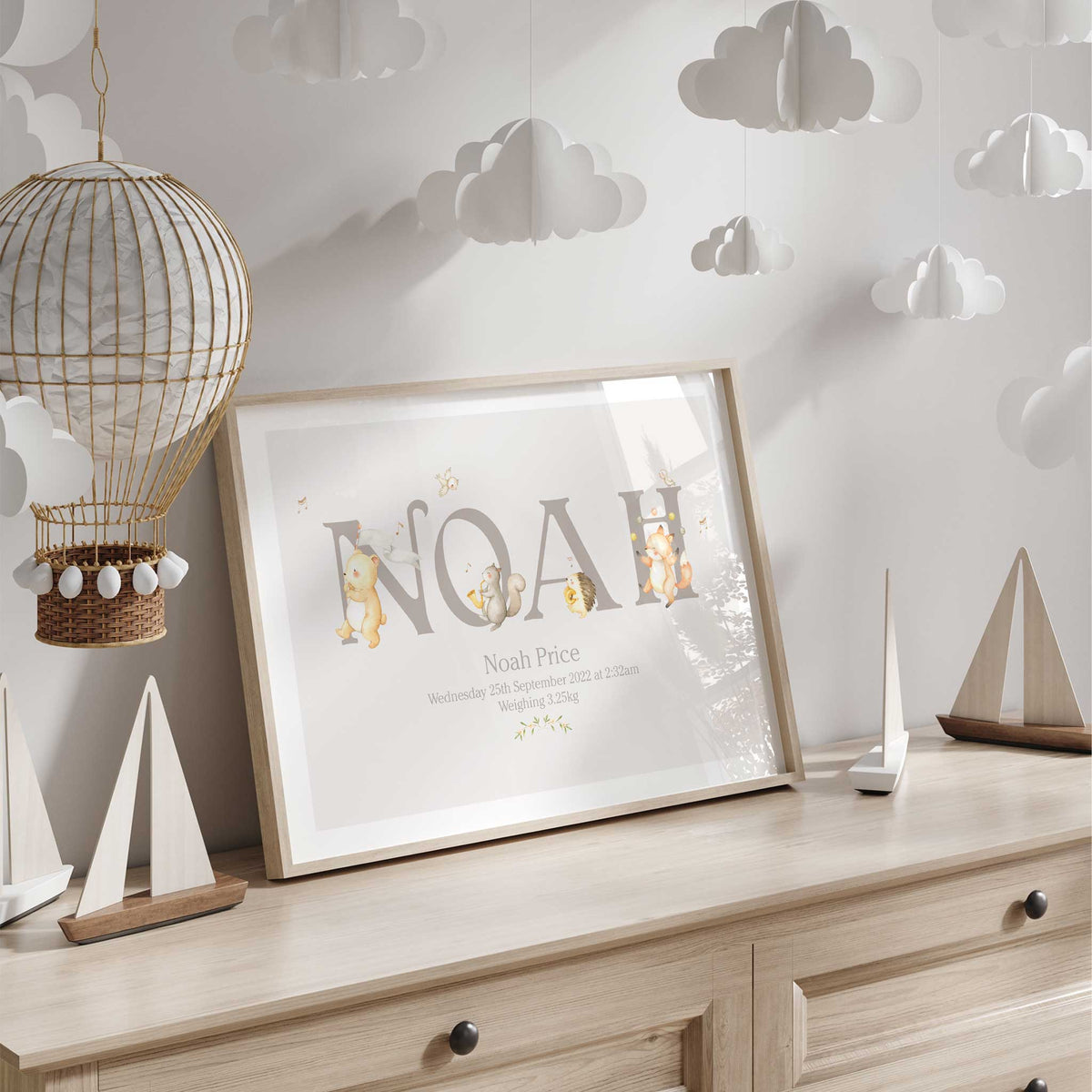Musical woodland animal name print with a bear, squirrel, hedgehog and fox playing instruments around the lettering
