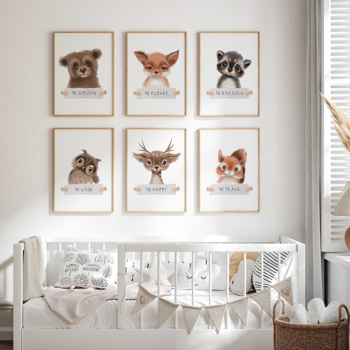 Gender-neutral woodland nursery prints with inspiring messages for kids