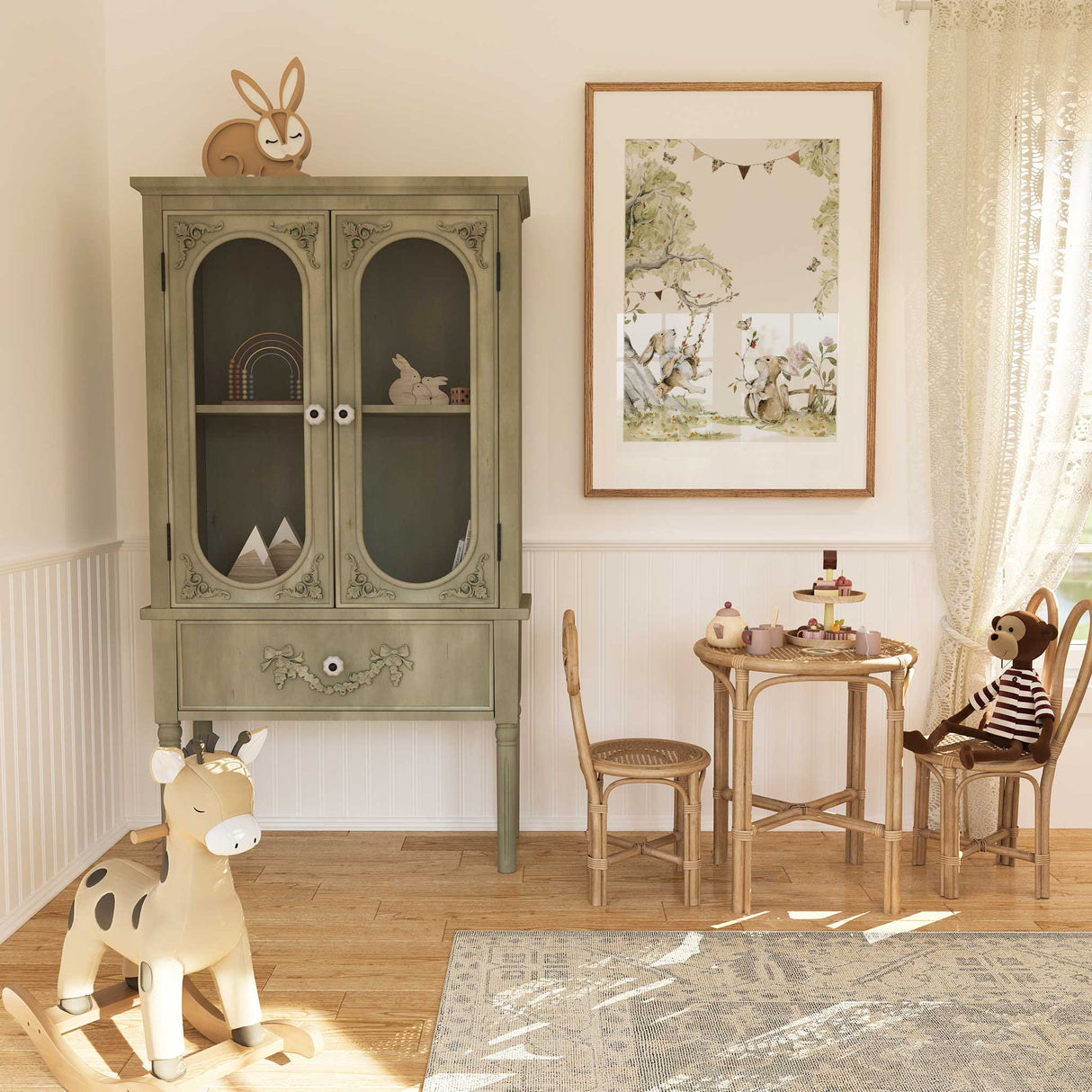 woodland animal nursery print featuring rabbits butterflies and flowers