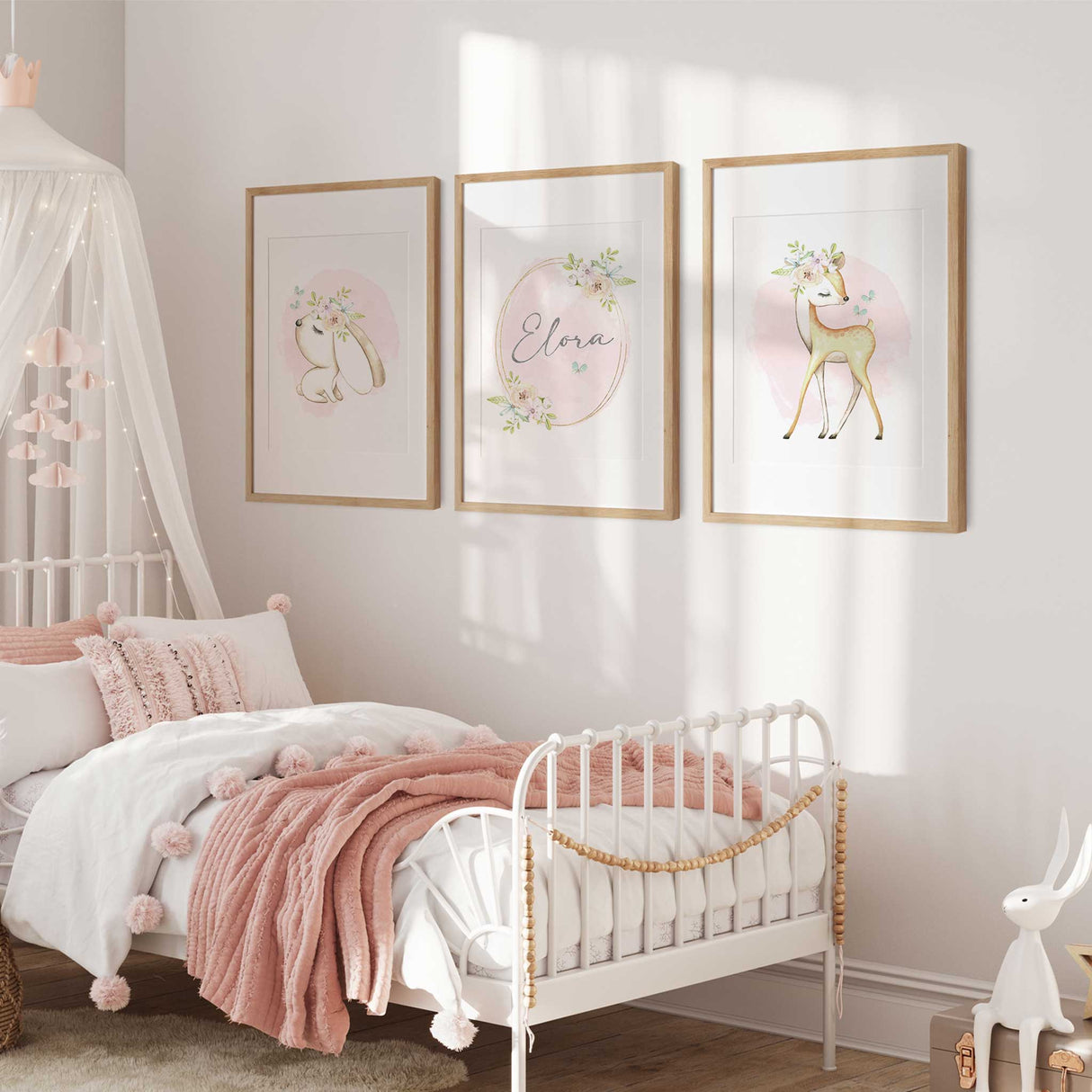 Woodland animal nursery wall art set with personalised name print