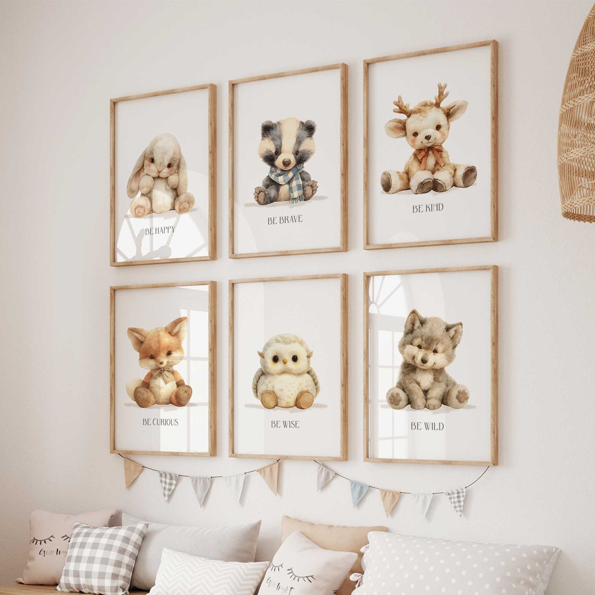 Woodland animal nursery wall art set of 6 with bunny, badger, deer, fox, owl, and wolf illustrations in wooden frames.