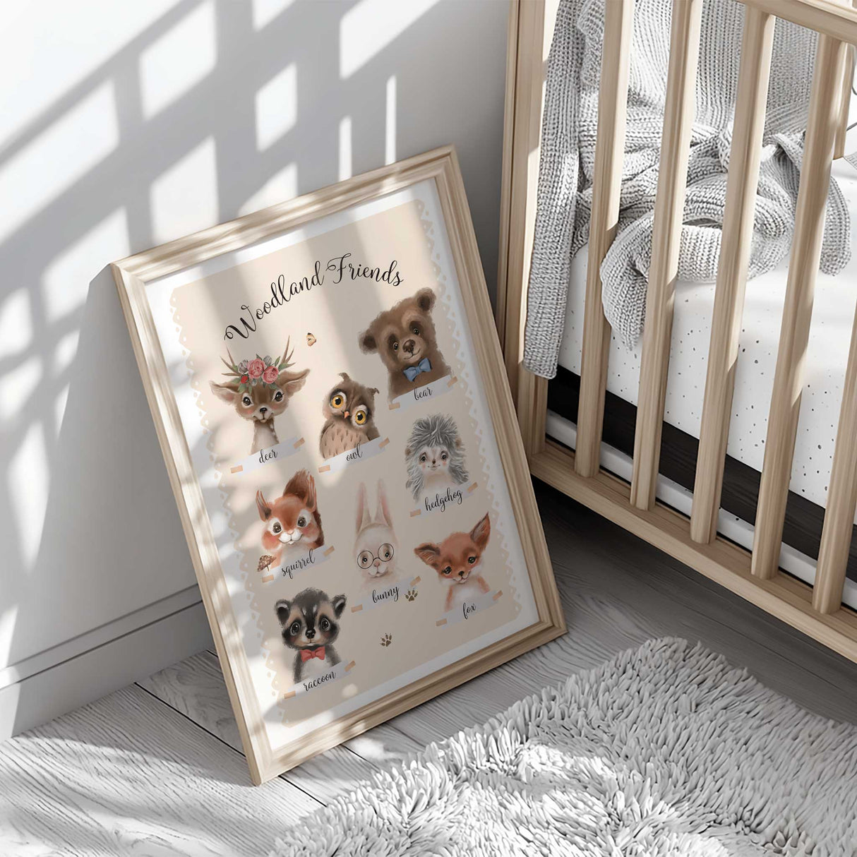 Adorable woodland animals wall art for kids’ rooms, perfect for nursery decor and baby shower gifts.