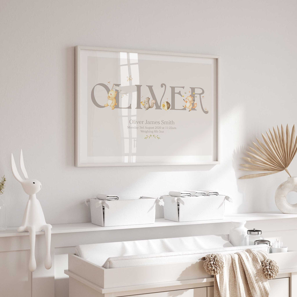 Birth stat wall art with neutral woodland animals and baby name
