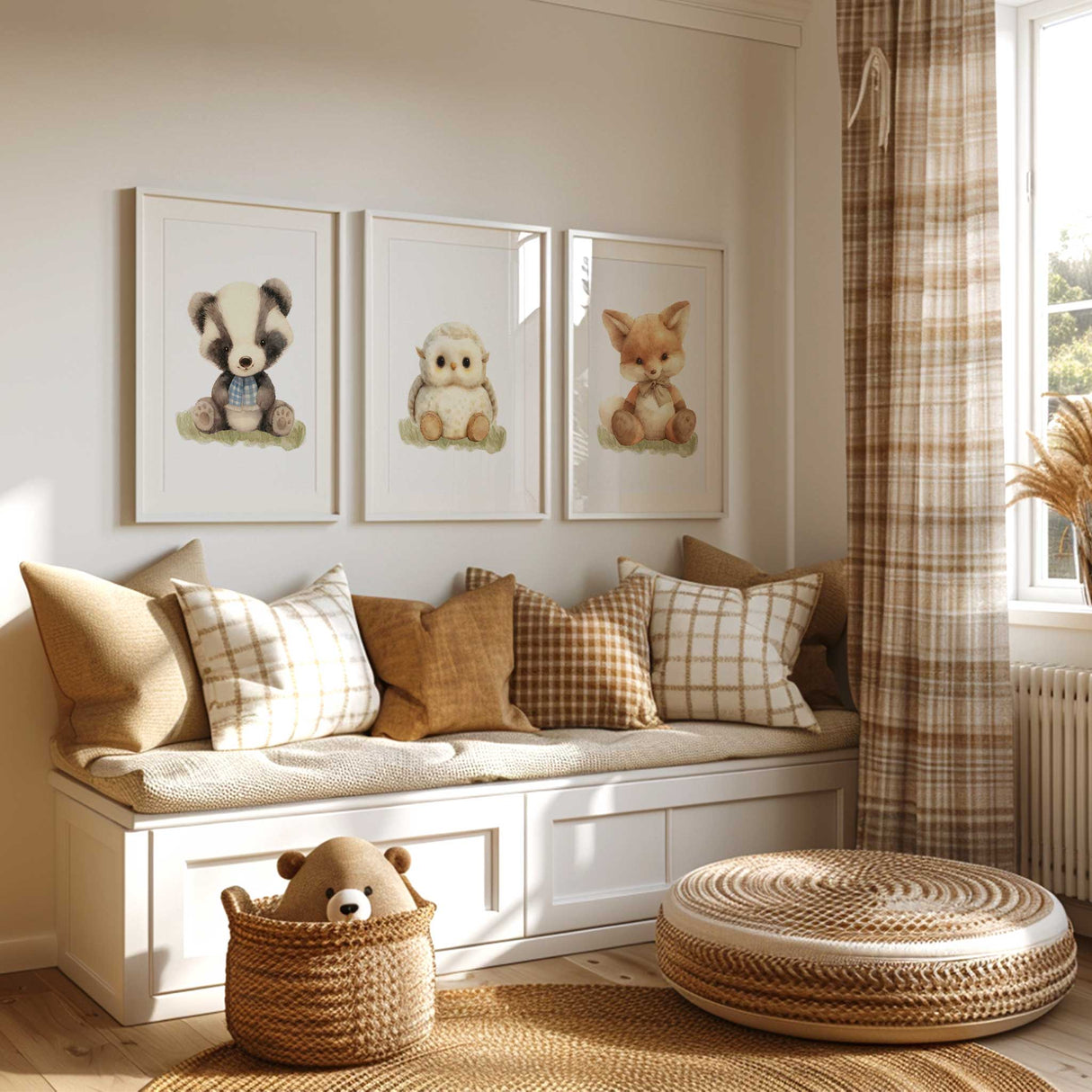 Woodland animal wall art set for kids bedrooms printed on white background