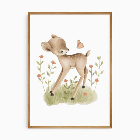 Watercolour deer wall art print with butterfly and flowers for baby nursery decor
