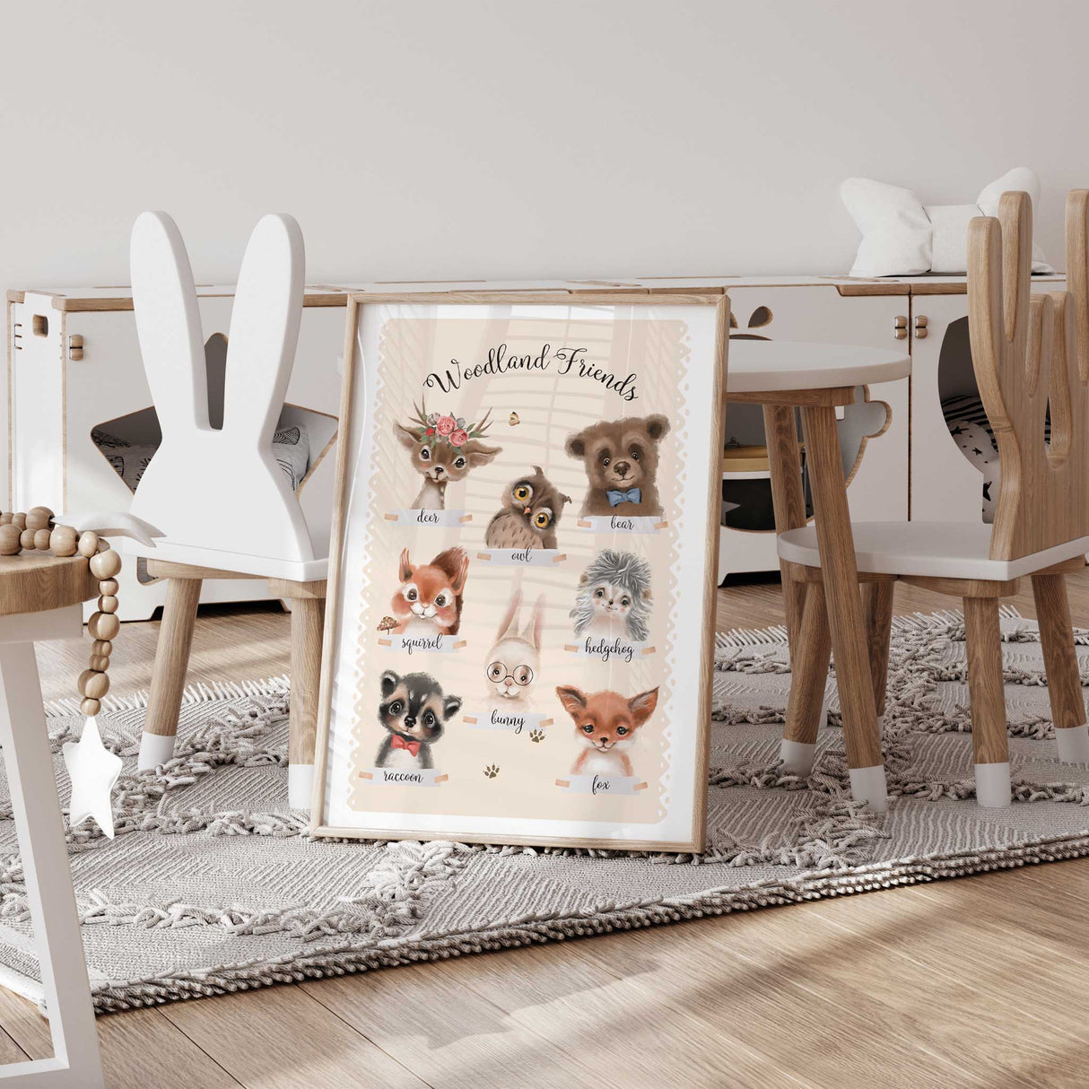 Forest-themed nursery wall decor with watercolor-style illustrations of woodland creatures for a cozy kids’ bedroom.