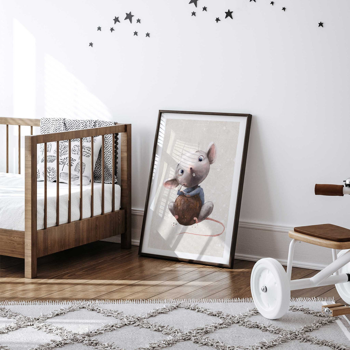Woodland mouse nursery wall art print showing sweet illustrated animal character for cosy nursery or toddler bedroom spaces