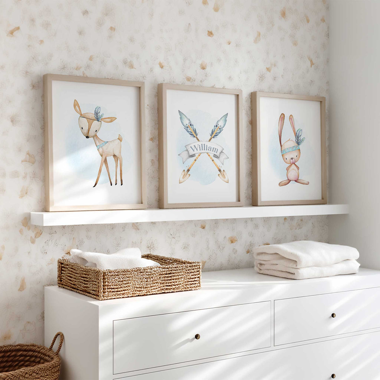 Personalised boys woodland nursery print set with fawn, bunny and name banner in gentle watercolour style.