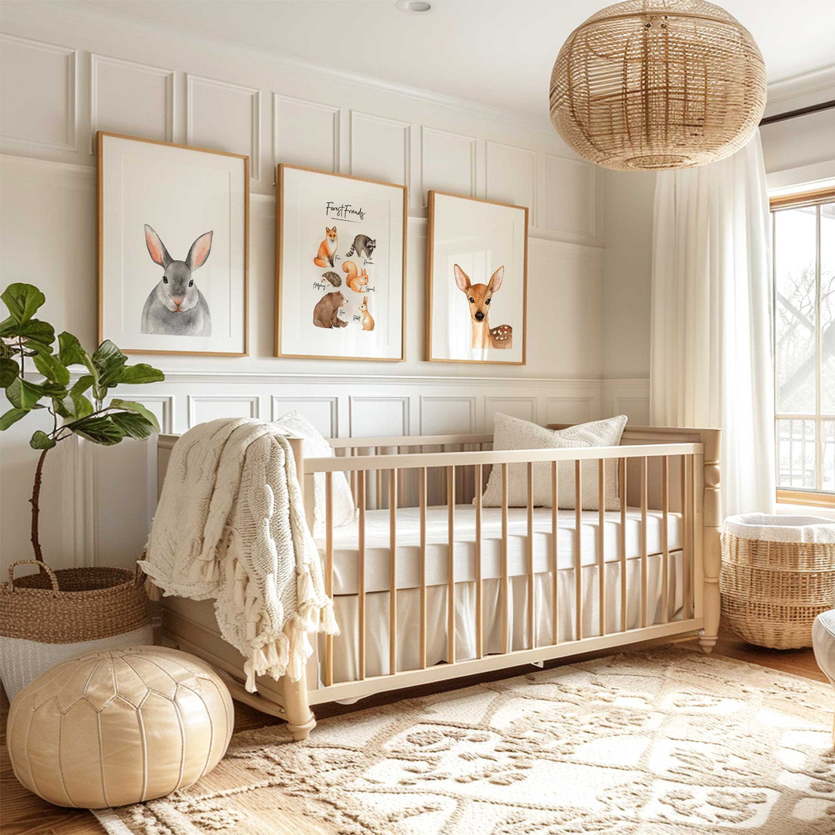 Set of 3 woodland animal nursery prints displayed in a child's room