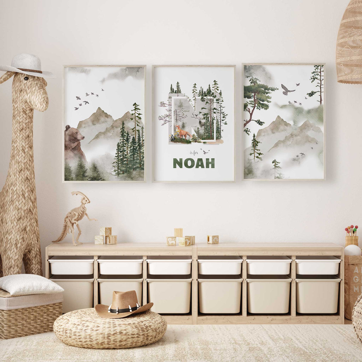 Set of 3 boys wall art prints featuring bear, forest, mountains and personalised name woodland nursery decor
