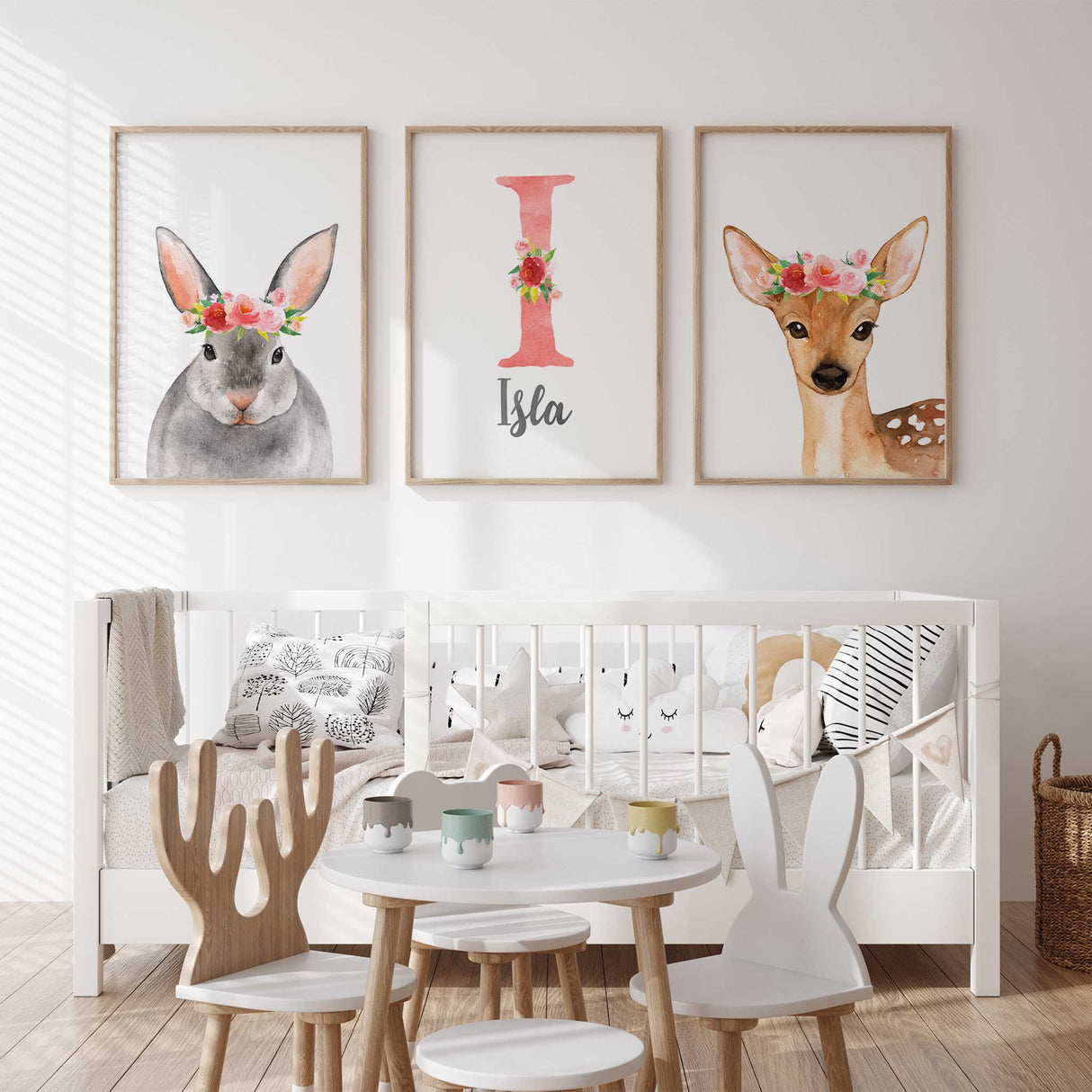 Deer, bunny, and personalized print for girls decor wall art featuring a watercolor deer, a custom initial with a name, and a bunny. Each design includes delicate floral accents, ideal for nursery decor