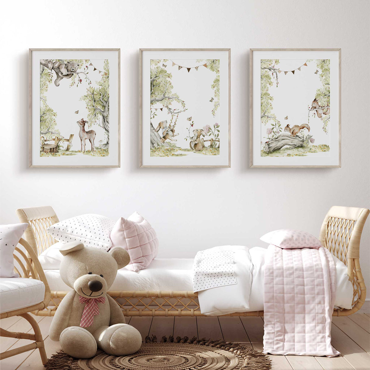 Woodland theme wall art prints for baby room or toddler bedroom gallery wall.