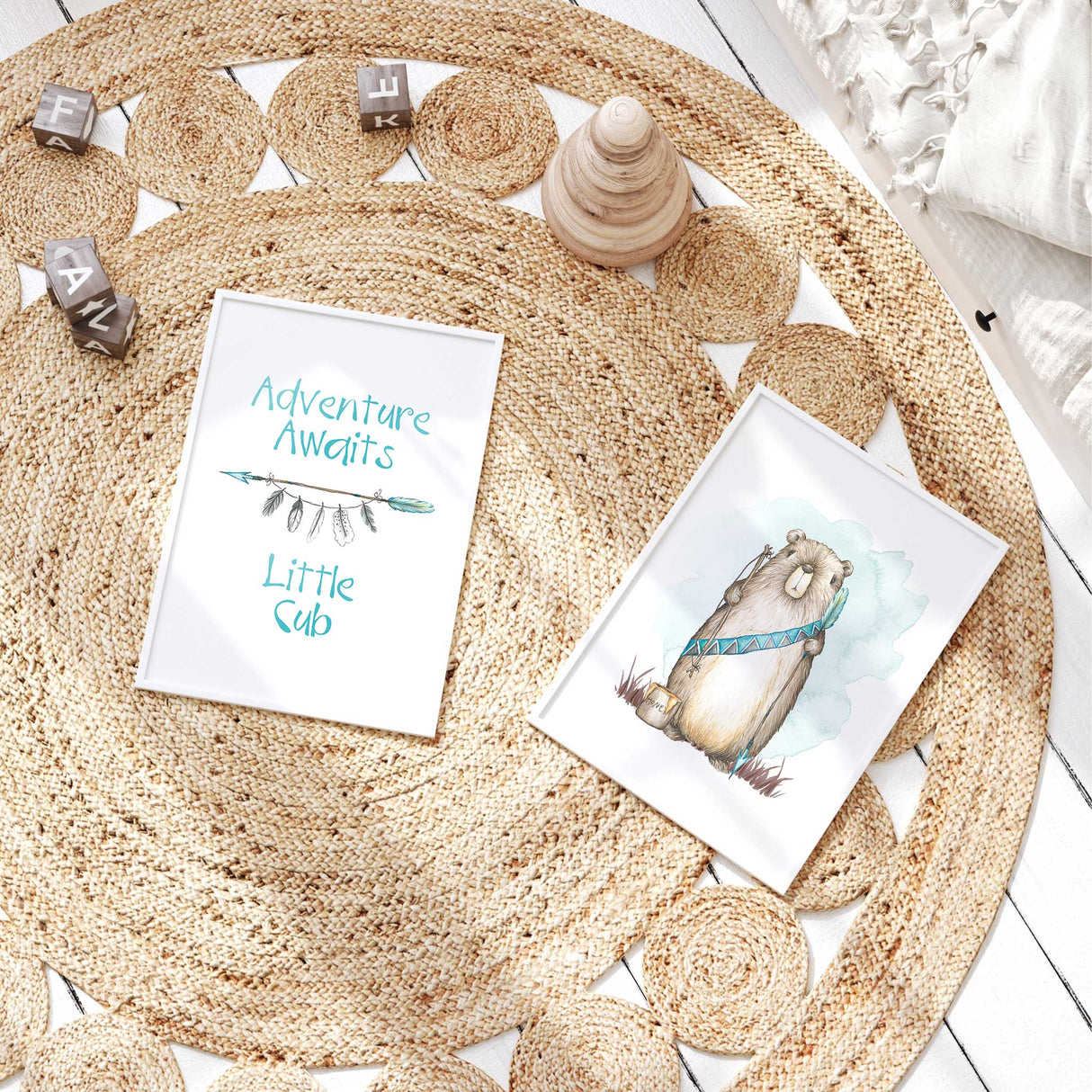 Woodland nursery wall prints featuring hand-painted bear and feathers with tribal design elements