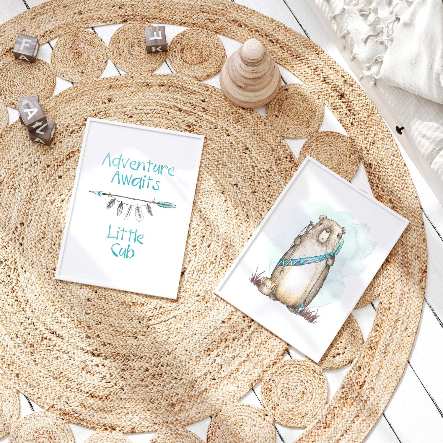 Woodland nursery wall prints featuring hand-painted bear and feathers with tribal design elements