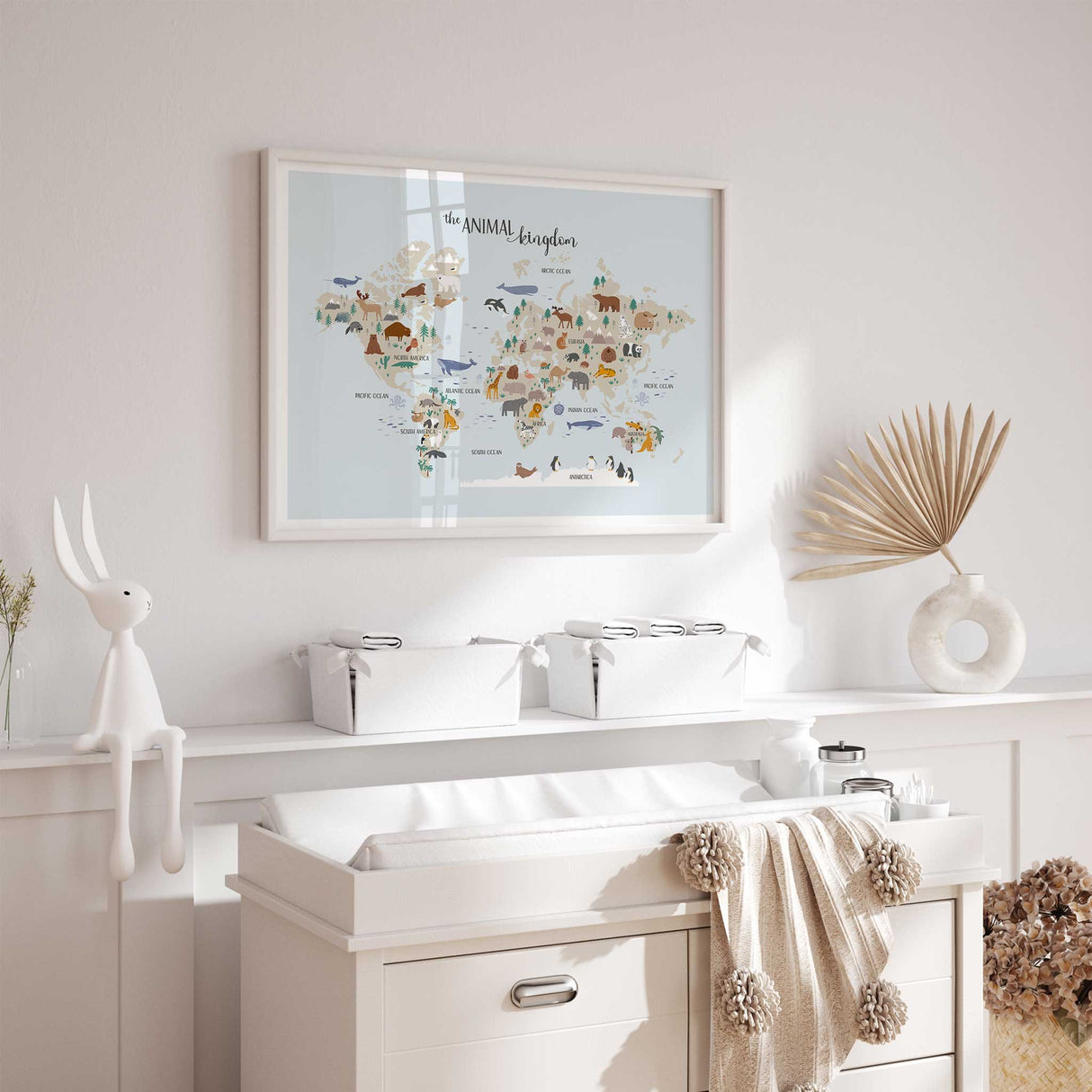 Whimsical world map with animals perfect for children's room decor