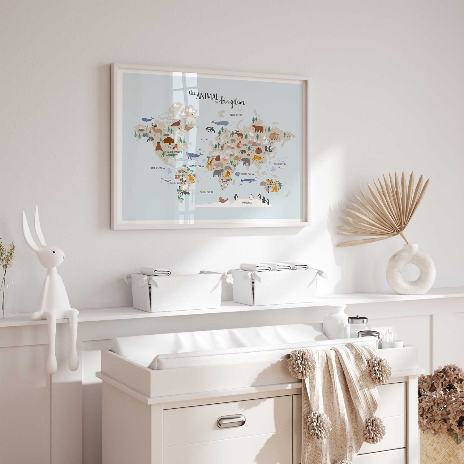Whimsical world map with animals perfect for children's room decor