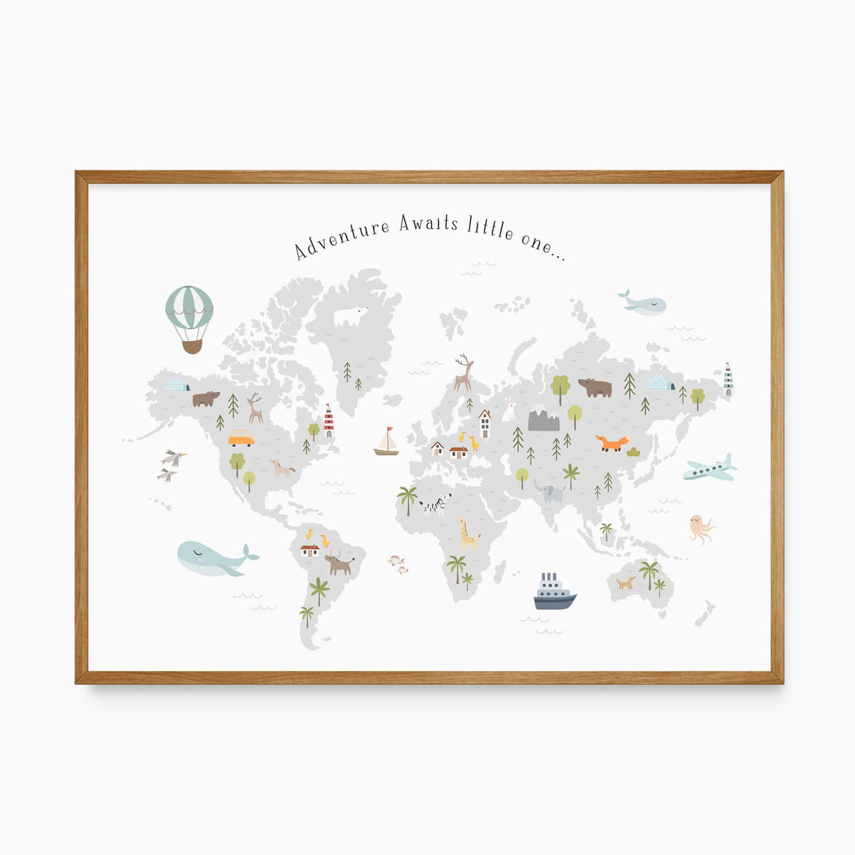Adventure-themed kids' world map print with animals and soft neutral tones