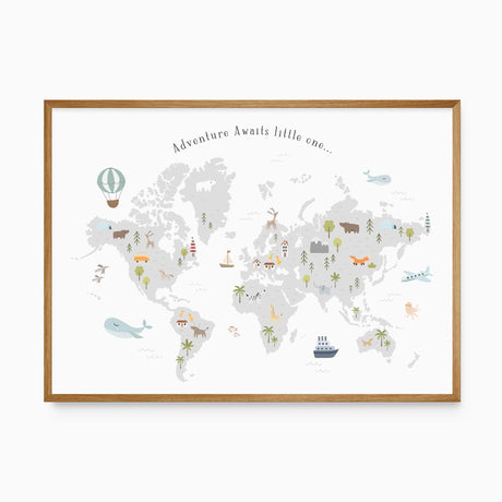 Adventure-themed kids' world map print with animals and soft neutral tones