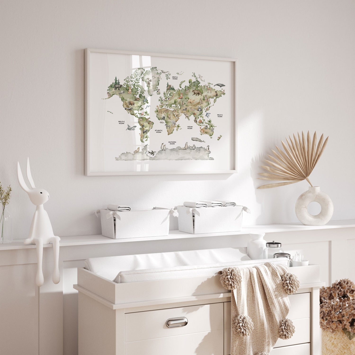 Animal world map print for Australian kids, ideal for nursery or playroom wall art.