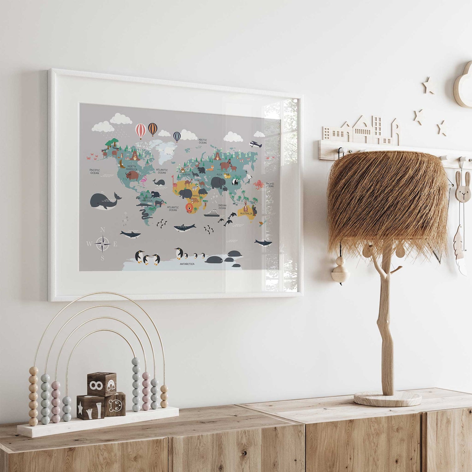 Educational world map poster for children featuring animals and oceans