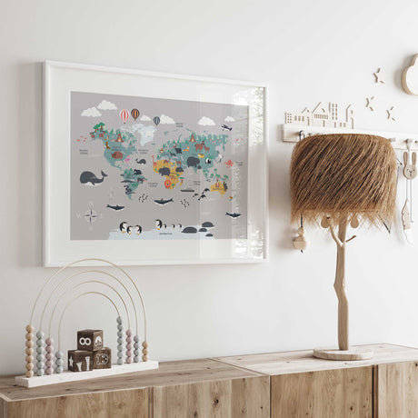 Educational world map poster for children featuring animals and oceans