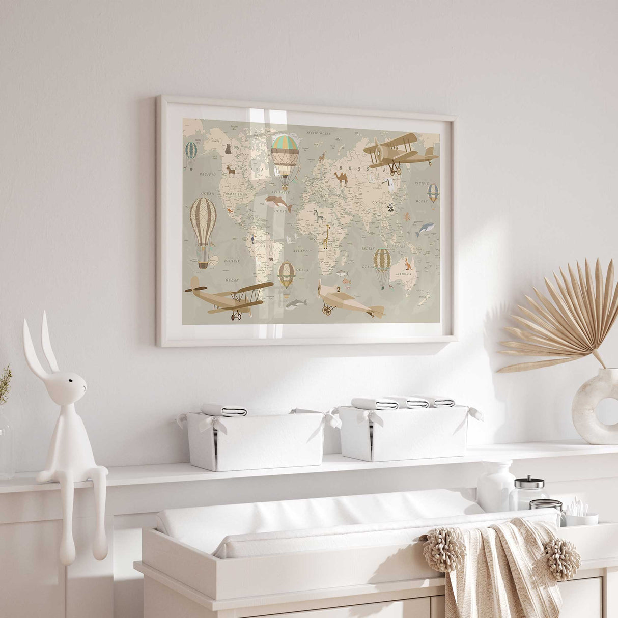 illustrated kids world map print with animals, airplanes, and hot air balloons for nursery or playroom