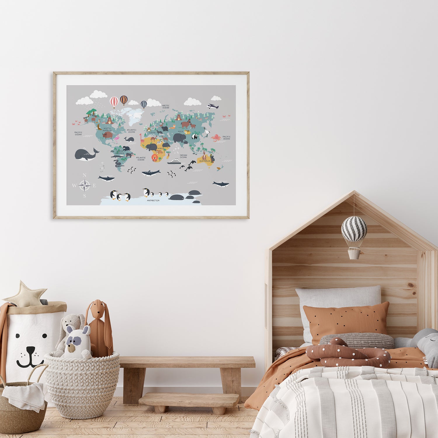 Grey-themed world map for kids' bedrooms with animals and fun designs
