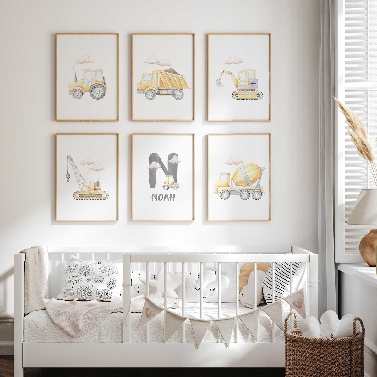 Six yellow watercolour construction prints with clouds, five vehicle designs ad one personalised