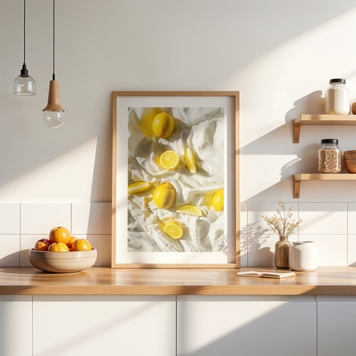 citrus fruit wall art featuring whole and sliced lemons on neutral fabric