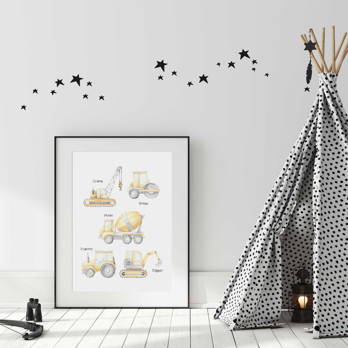 Yellow construction vehicle print with crane, mixer and roller, perfect boys room or playroom decoration.