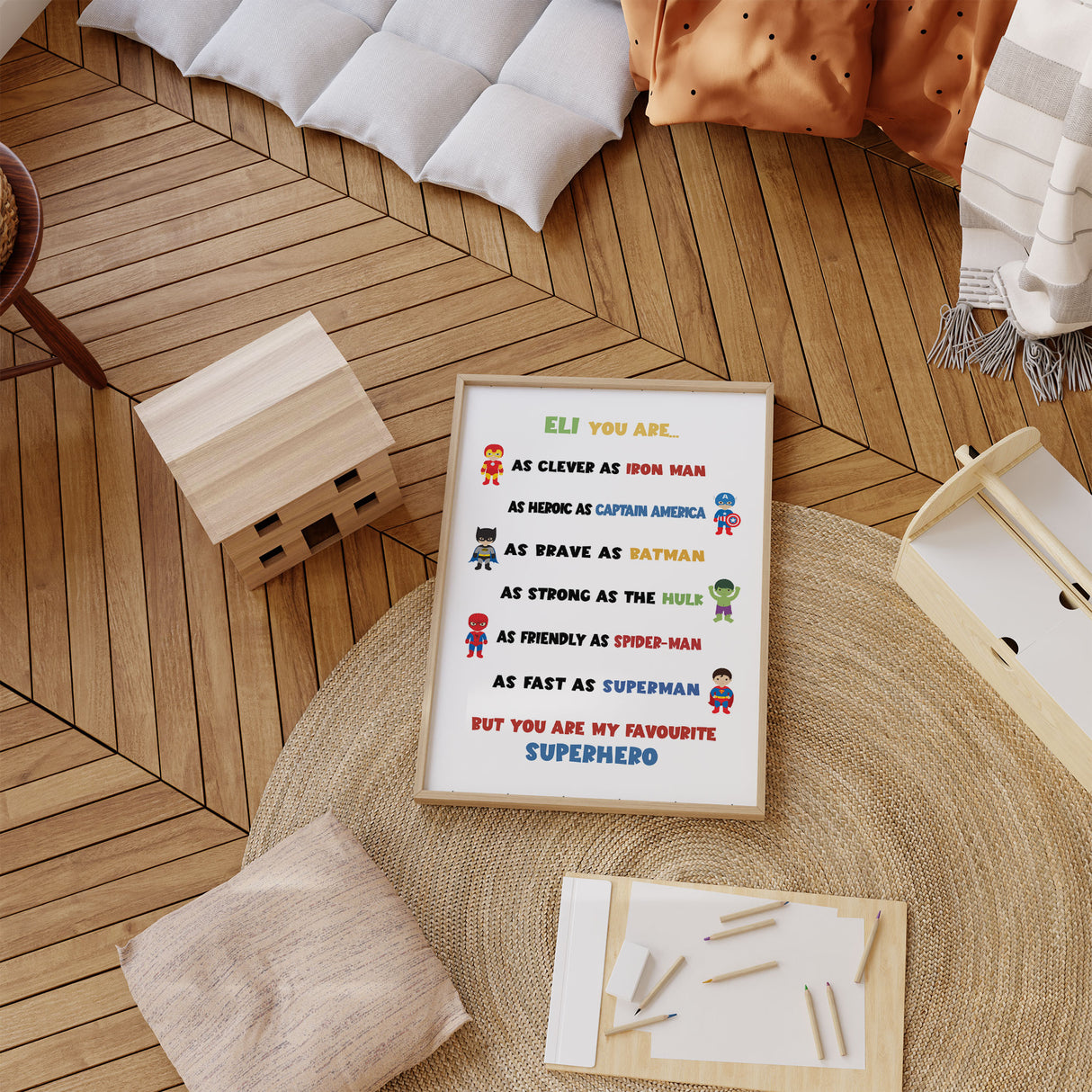 You are my favourite superhero personalised wall art with colourful superhero illustrations and text