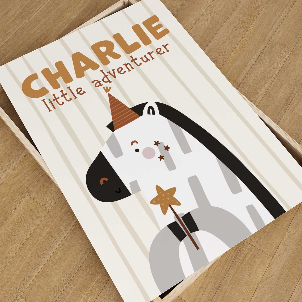 Personalised zebra safari print with child’s name, little adventurer wording and striped background for a nursery or children’s room.