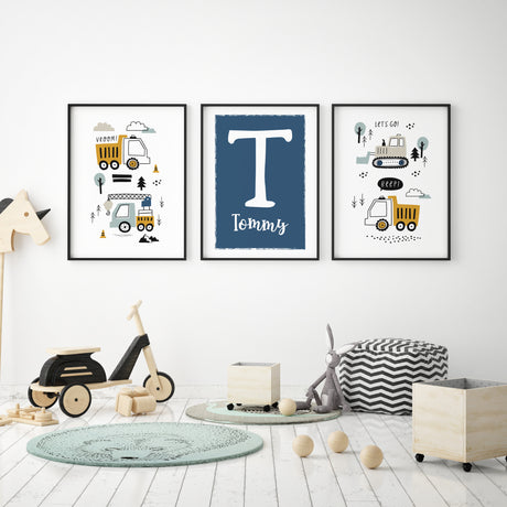 Personalised boys’ room wall art set featuring playful vehicles and blue initial print.